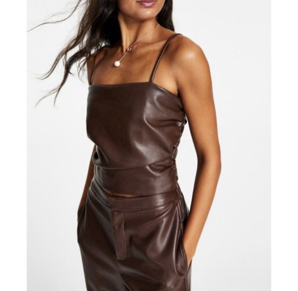 New Leyden Top Artsy Modern Minimalist Luxury Faux Leather Elite Ruching Brown M